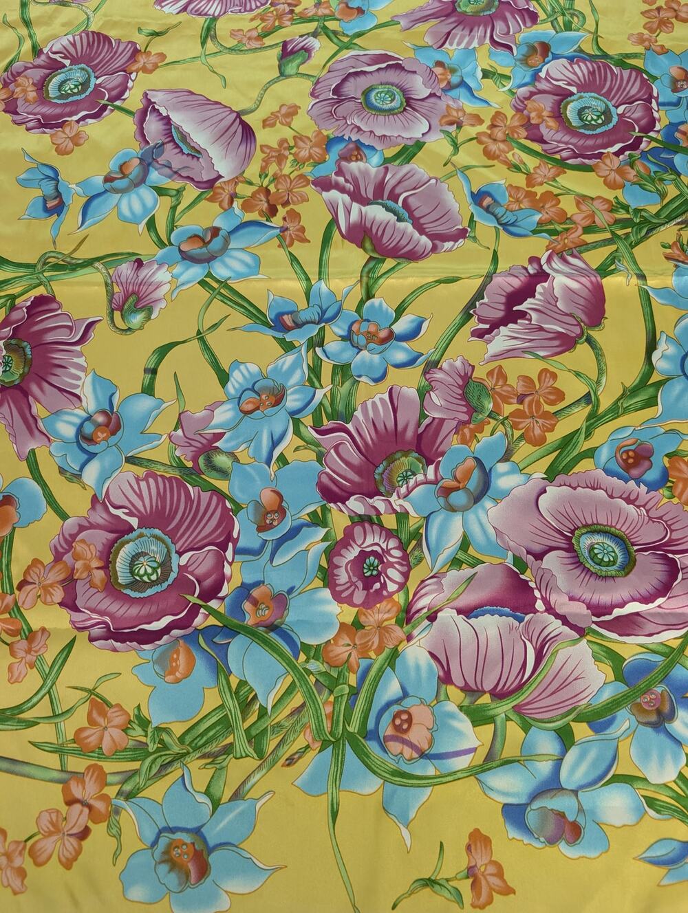 Vintage Satin Scarf Botanical Poppy Floral Yellow Green Border Square Wrap 35x35